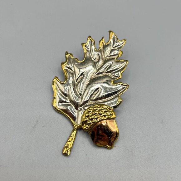 Oak Leaf Acorn Pin Brooch Brutalist Handcrafted Mixed Metals Oversized Signed SJ - Picture 2 of 7